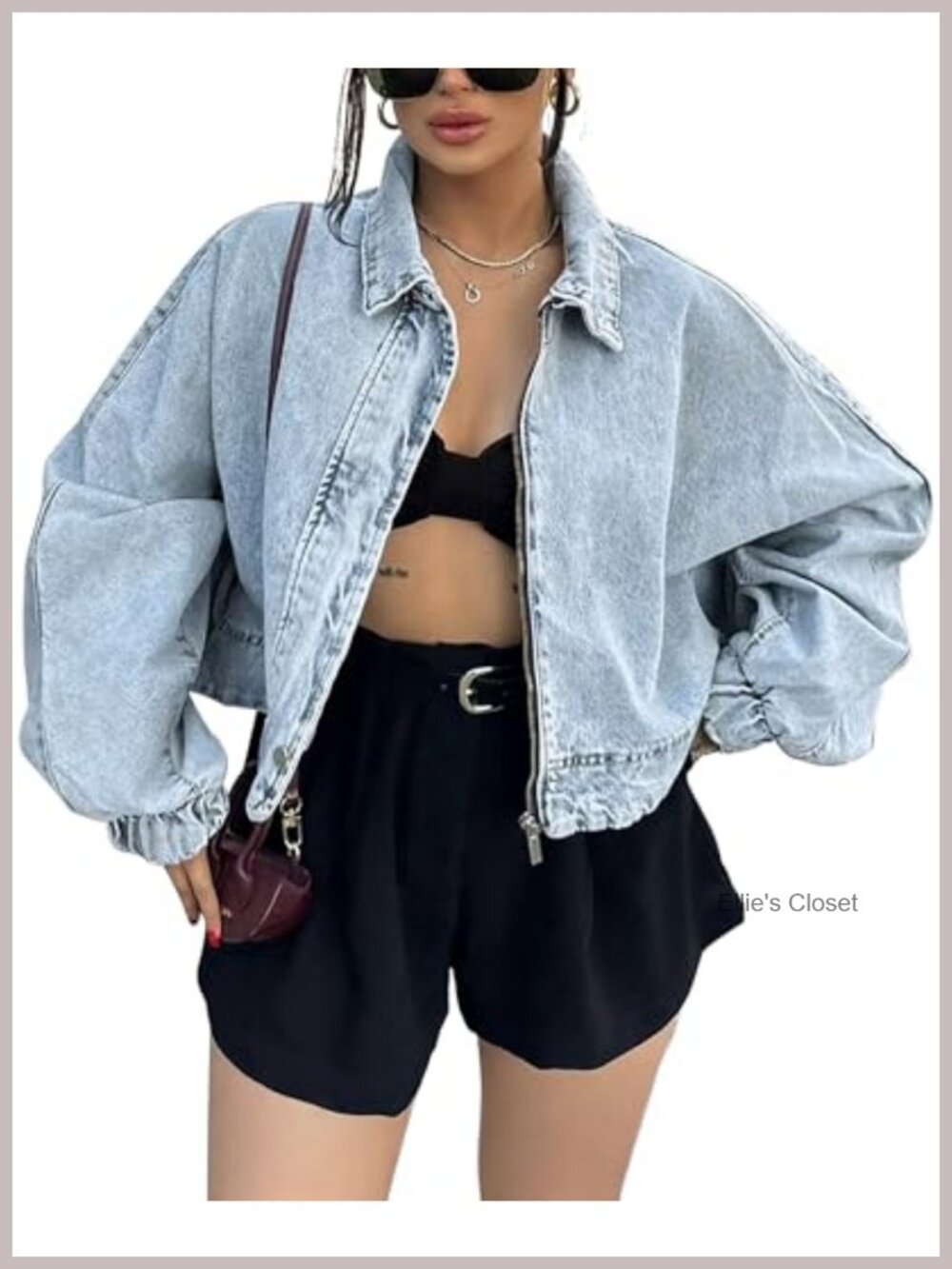 Women's Cropped Denim Jacket Oversized Zip Up Light Wash Bomber Shacket
